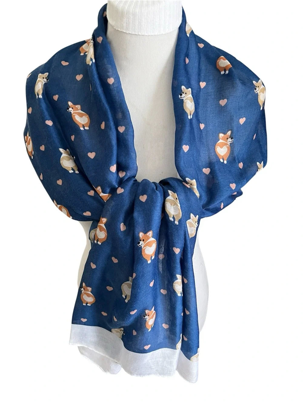 G.H. Bass & Co. Navy Scarf Wrap Shawl with Pink Hearts & Corgi Dog Print